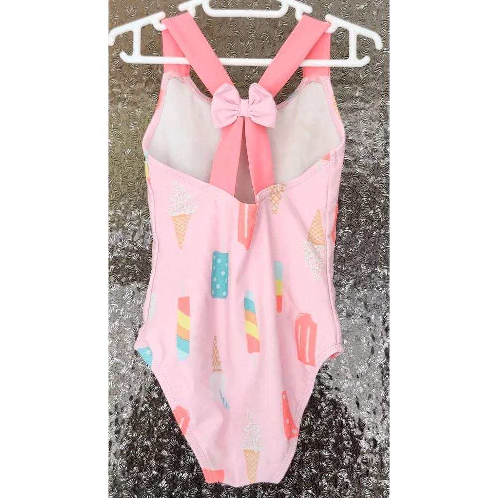 Carter’s Girls Swimsuit 24M • Pink Ice Cream‎ One‑Piece • Cross‑Back Bow • EUC